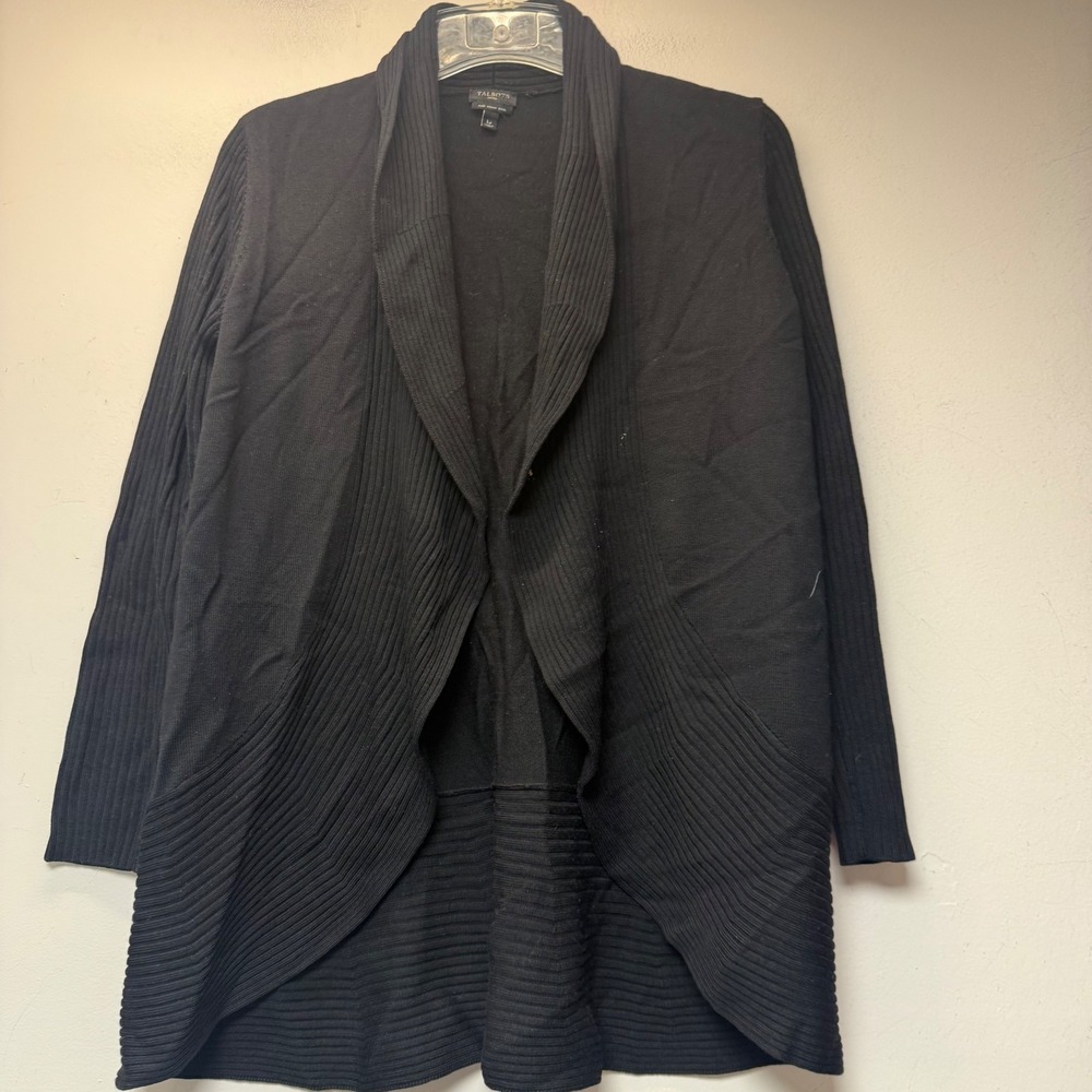 Talbots Cardigan Womens LP Black Excellent Merino Wool Ribbed Open Front 14012